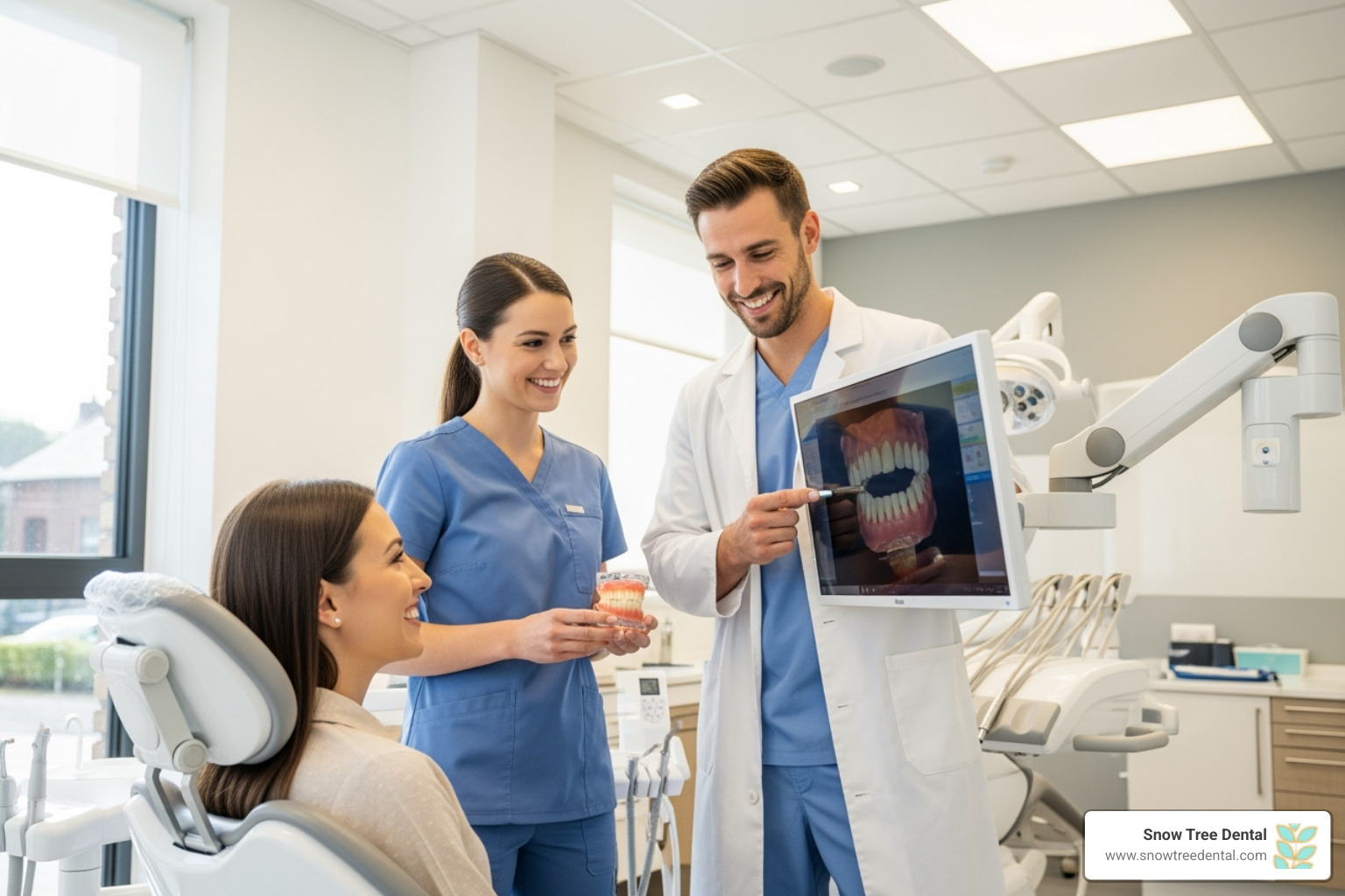 A friendly dental team consulting with a smiling patient in a modern dental office environment - cosmetic dentists houston A friendly dental team consulting with a smiling patient in a modern dental office environment - cosmetic dentists houston