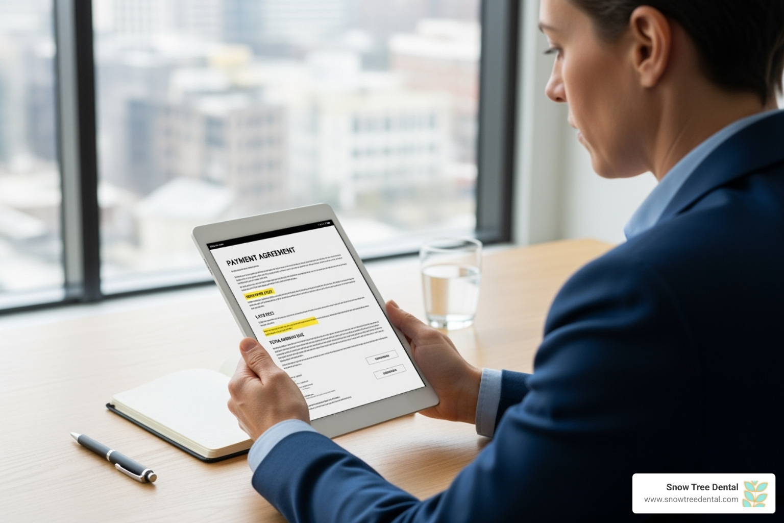 Person reviewing a clear and simple payment agreement on a tablet, highlighting terms and conditions - dental care with payment plans near me