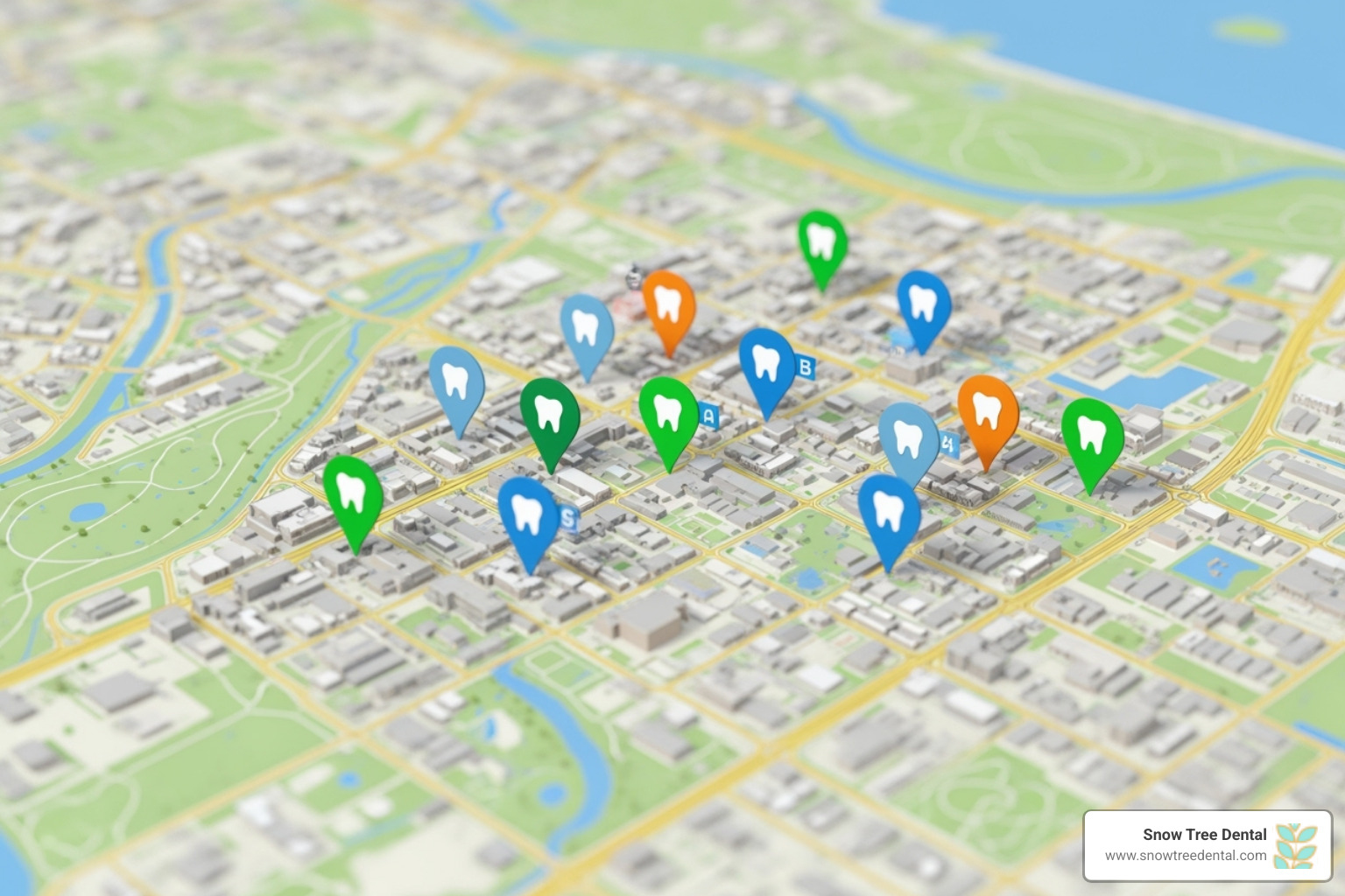 Map with pins indicating local dental clinics offering payment plans - dental care with payment plans near me