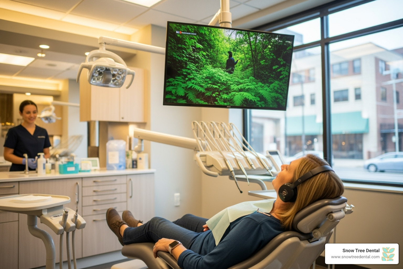 patient comfortably watching TV during a dental procedure - full service dental office patient comfortably watching TV during a dental procedure - full service dental office
