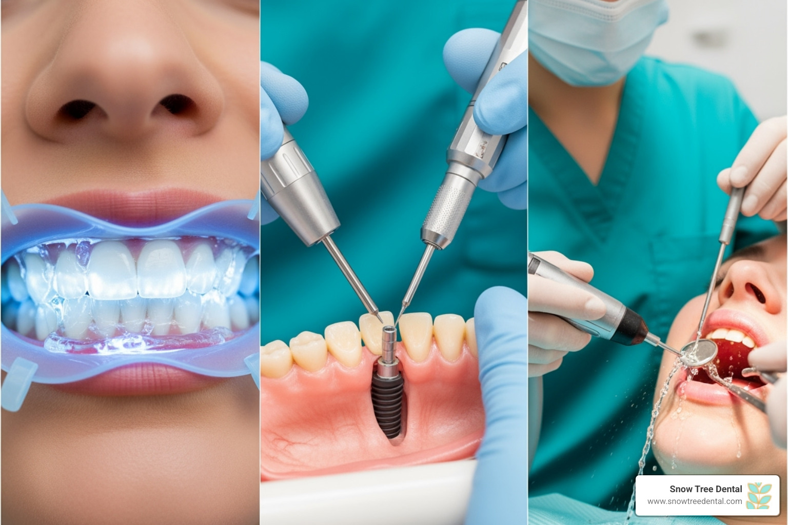 collage showing different dental procedures (whitening, implant, cleaning) - full service dental office collage showing different dental procedures (whitening, implant, cleaning) - full service dental office