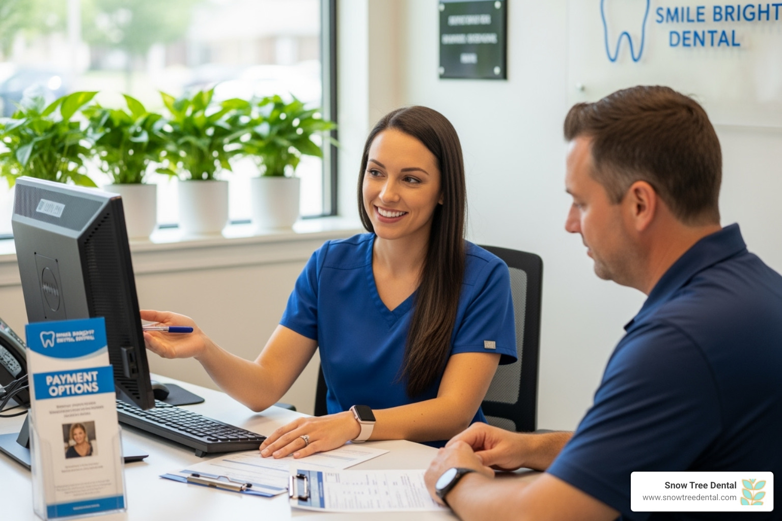 Staff member discussing payment options with a patient - houston cosmetic and family dental Staff member discussing payment options with a patient - houston cosmetic and family dental
