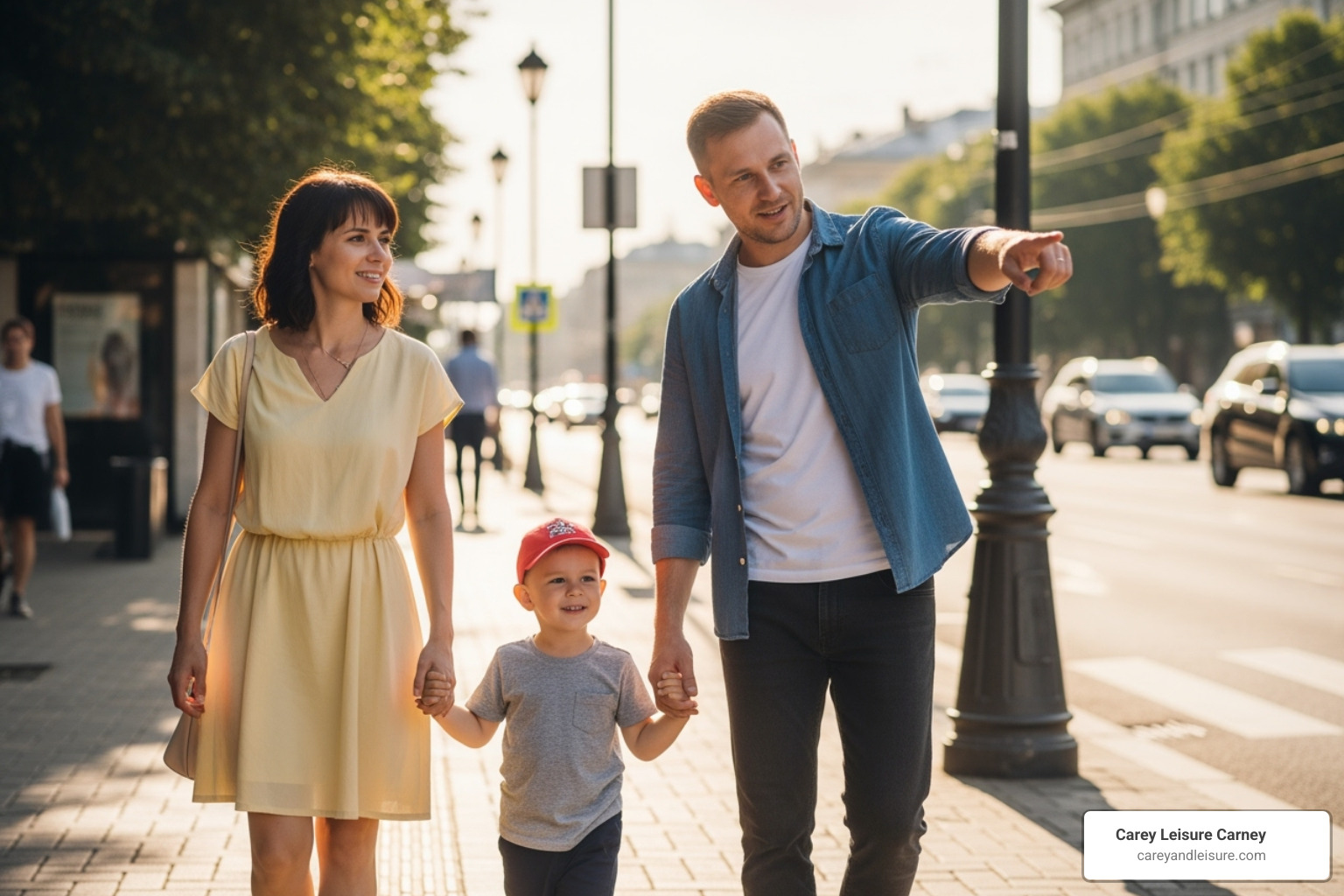 A family walking safely on a sidewalk, with the parents teaching the child to look both ways - florida pedestrian accident A family walking safely on a sidewalk, with the parents teaching the child to look both ways - florida pedestrian accident