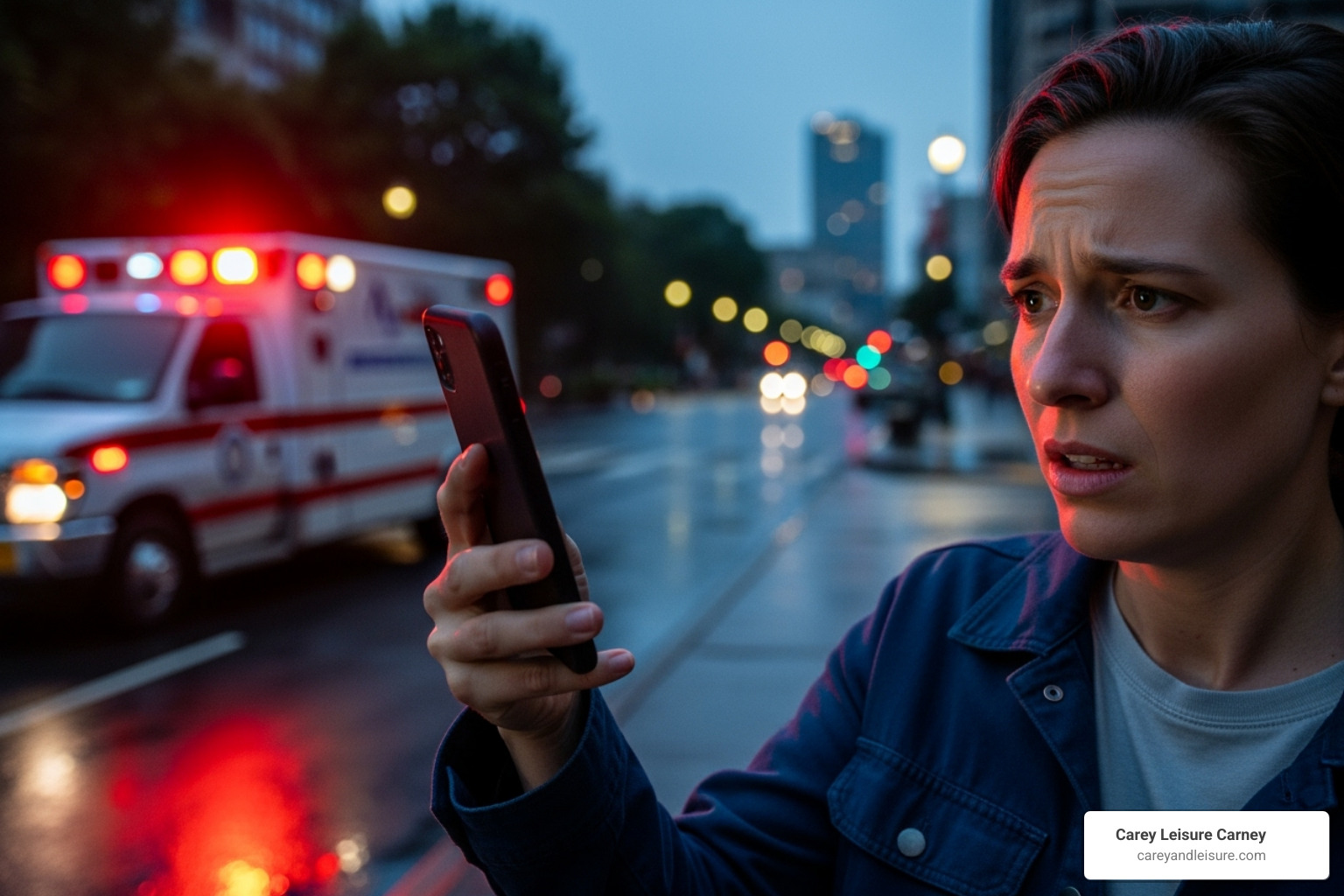 A person on the phone looking concerned, with an emergency vehicle in the background - florida pedestrian accident A person on the phone looking concerned, with an emergency vehicle in the background - florida pedestrian accident
