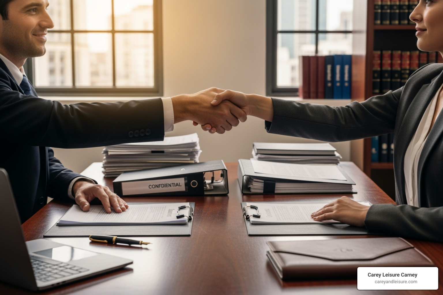 handshake over desk with legal documents - free consultation St Petersburg