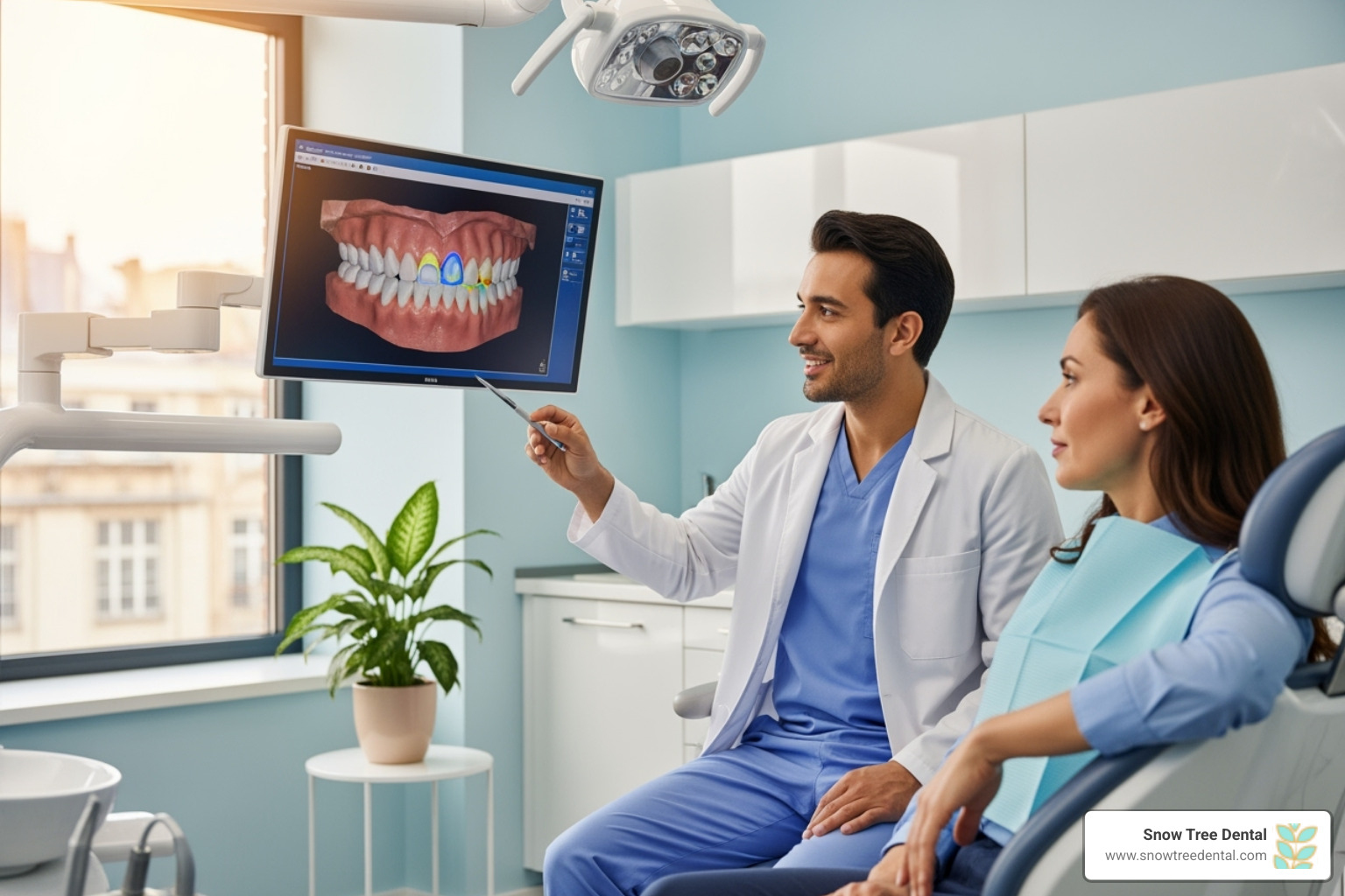 dentist explaining treatment plan - dental implants 77057