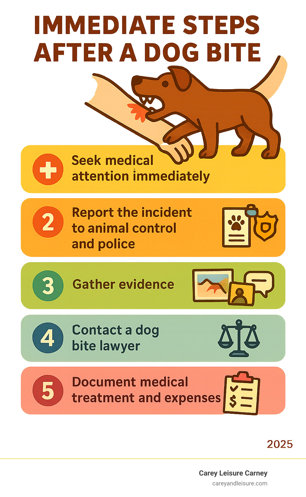 Infographic showing immediate steps after a dog bite: 1. Seek immediate medical attention for wound care and infection prevention, 2. Report the incident to animal control and police, 3. Gather evidence including photos of injuries and location, owner's contact information, and witness statements, 4. Contact a dog bite lawyer within Florida's 2-year statute of limitations, 5. Document all medical treatment and expenses for your claim - clearwater dog bite lawyer infographic 