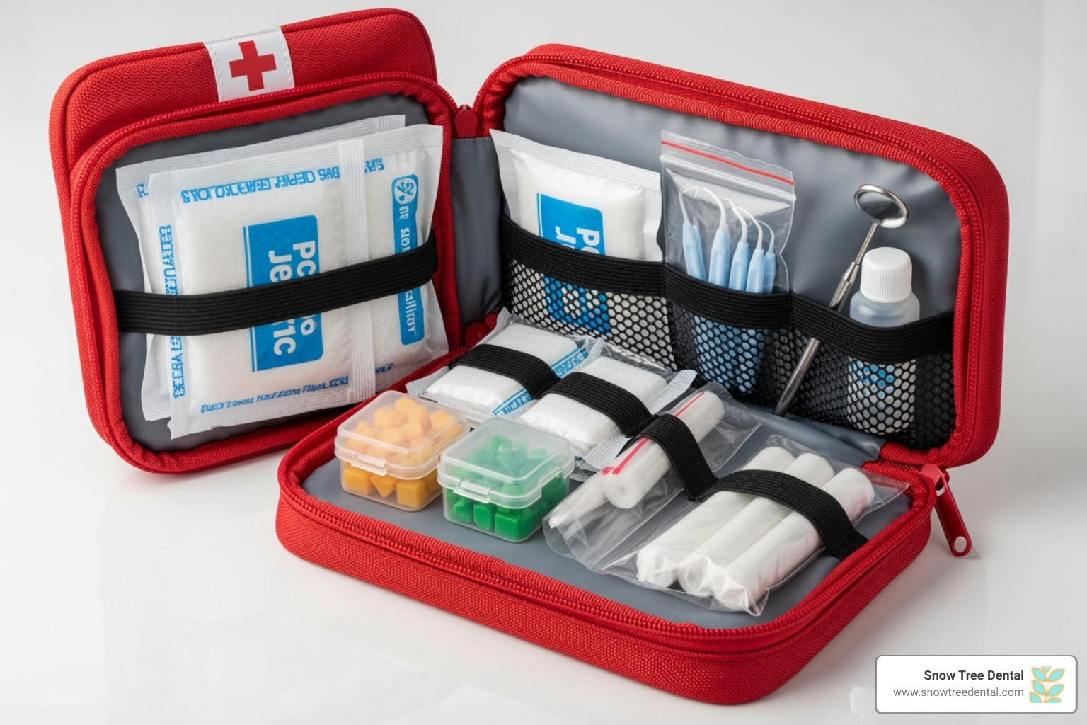 First aid kit with dental items like gauze and a small container - 24 hour dentist near me