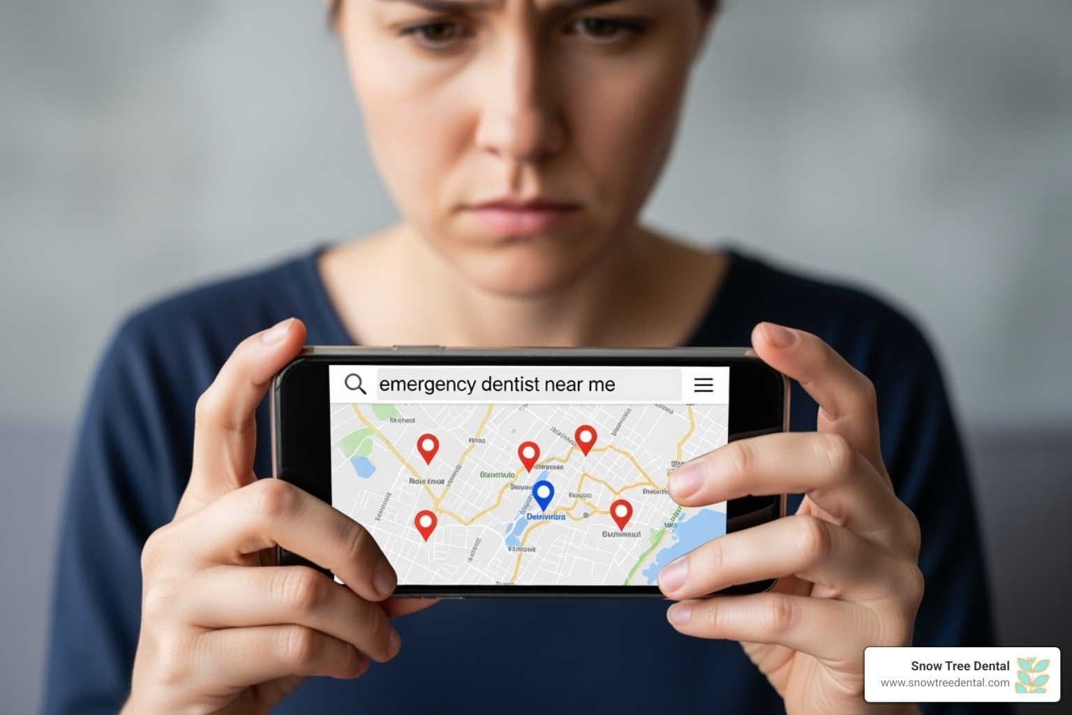 Person searching for emergency dentist near me on a phone - 24/7 dental Person searching for emergency dentist near me on a phone - 24/7 dental