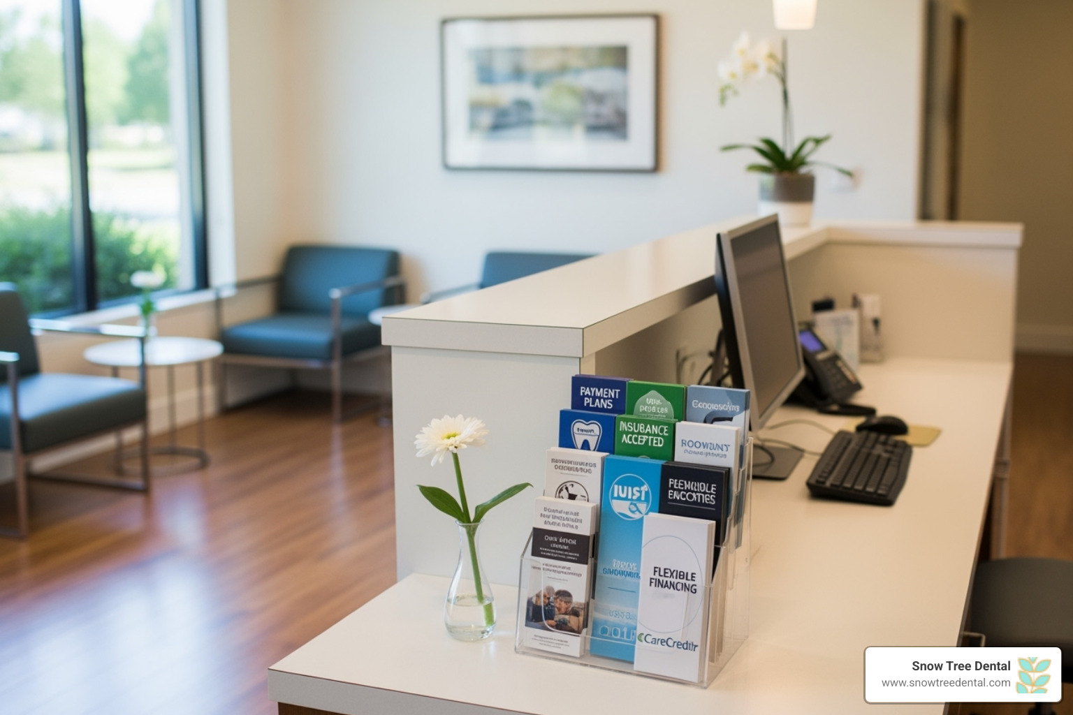 of a dental office reception area with payment option brochures - private dental care pay monthly of a dental office reception area with payment option brochures - private dental care pay monthly