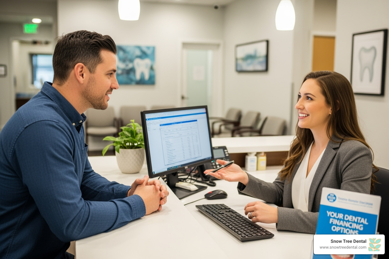 Patient speaking with a dental office administrator about financing - payment plan for veneers near me Patient speaking with a dental office administrator about financing - payment plan for veneers near me