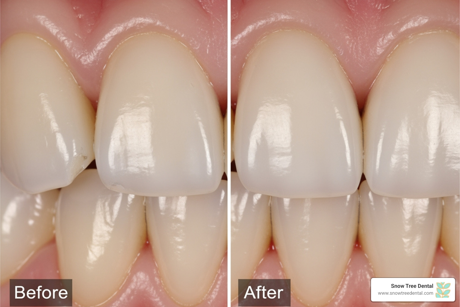 Before and after comparison of a chipped front tooth repaired with dental bonding, showing a seamless and natural-looking restoration - broken tooth repair