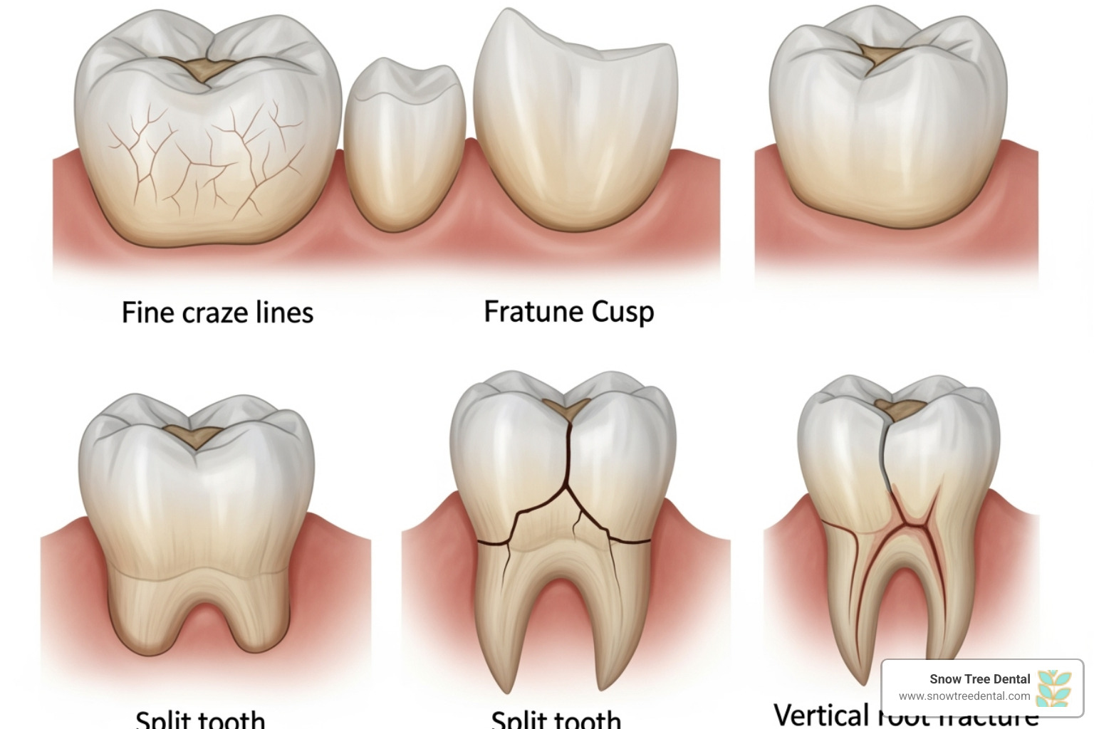Diagram illustrating different types of tooth fractures: craze lines, fractured cusp, cracked tooth, split tooth, and vertical root fracture - broken tooth repair