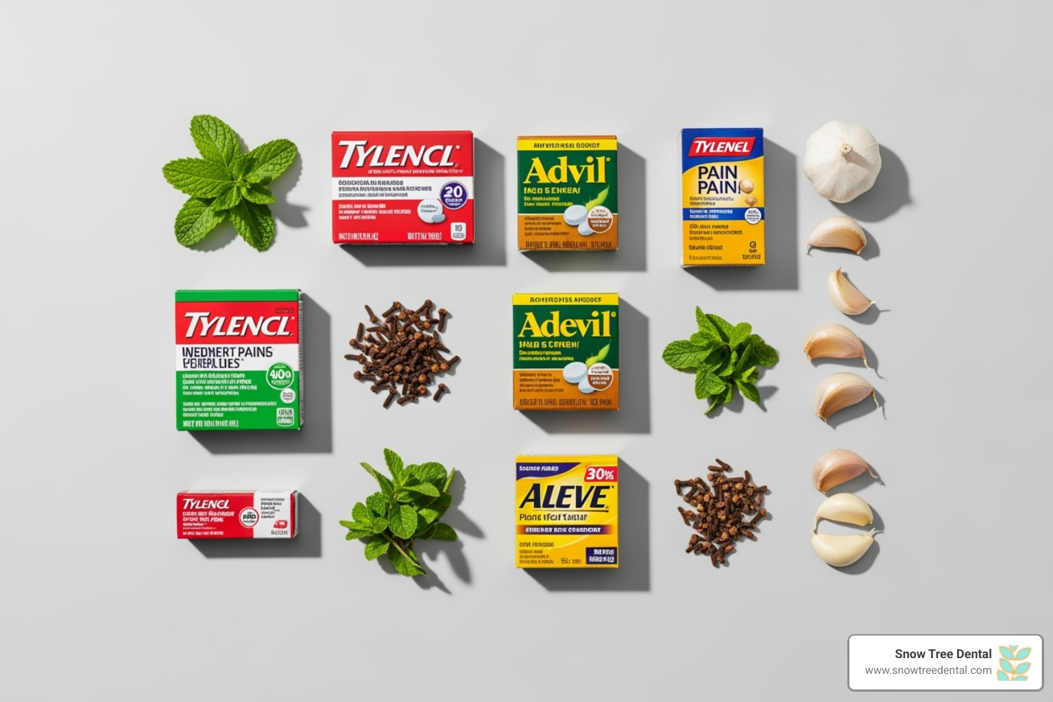 over-the-counter pain medication boxes and natural herbs - tooth pain relief