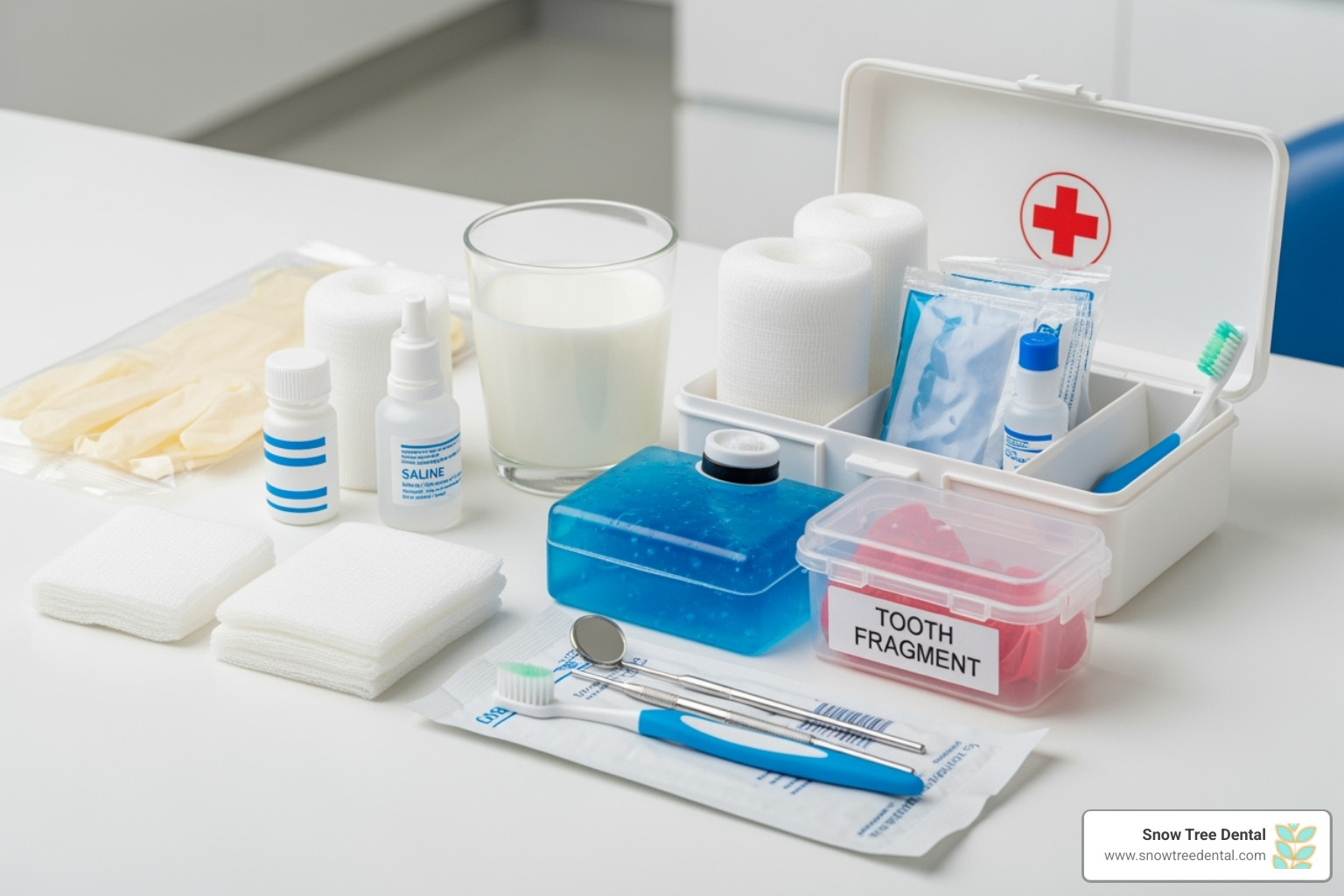 A dental first-aid kit with gauze, a glass of milk, a cold pack, and a small container for a tooth fragment - broken tooth repair