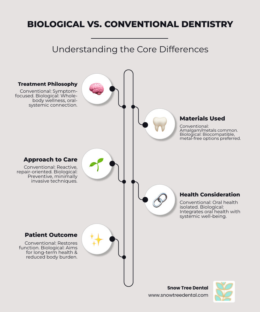 Infographic showing the core differences between conventional and biological dentistry, including treatment philosophy (symptom-focused vs whole-body wellness), materials used (amalgam/metal vs biocompatible/metal-free), approach to care (reactive treatment vs preventive and minimally invasive), and health considerations (isolated oral health vs systemic health connections) - biological dentist 77057 infographic infographic-line-5-steps-neat_beige Infographic showing the core differences between conventional and biological dentistry, including treatment philosophy (symptom-focused vs whole-body wellness), materials used (amalgam/metal vs biocompatible/metal-free), approach to care (reactive treatment vs preventive and minimally invasive), and health considerations (isolated oral health vs systemic health connections) - biological dentist 77057 infographic infographic-line-5-steps-neat_beige