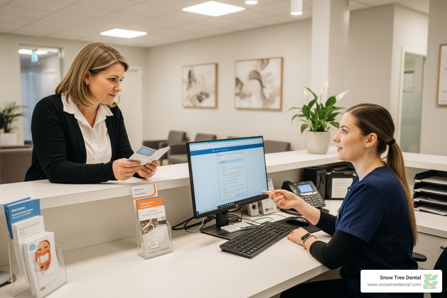 Person discussing payment options at reception desk - 24 hour emergency dentist houston 77057 Person discussing payment options at reception desk - 24 hour emergency dentist houston 77057