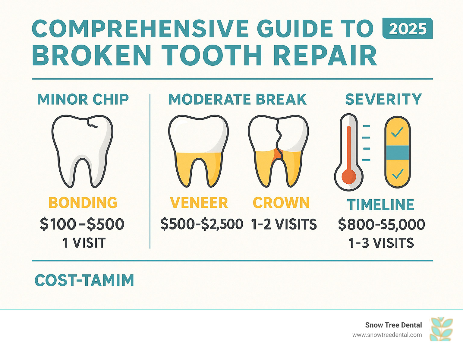 Comprehensive guide to broken tooth repair options showing different types of tooth damage from minor chips to severe fractures, with corresponding treatment methods including bonding, veneers, crowns, and root canal therapy, along with cost ranges and timeline expectations - broken tooth repair infographic 