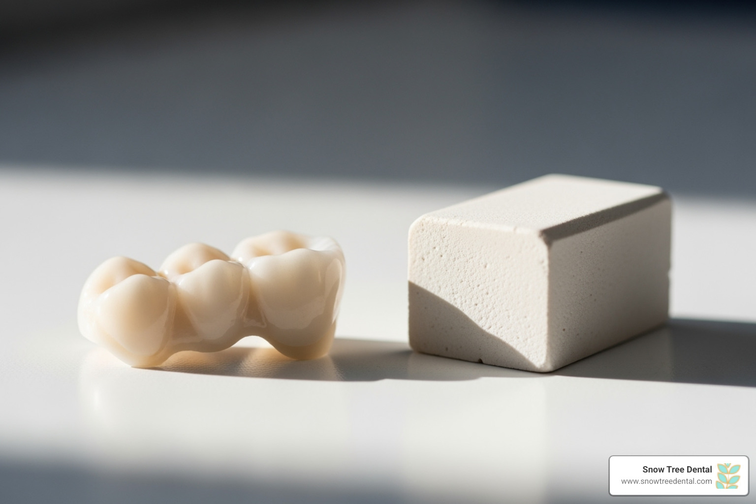 finished ceramic crown next to ceramic block - same day crowns