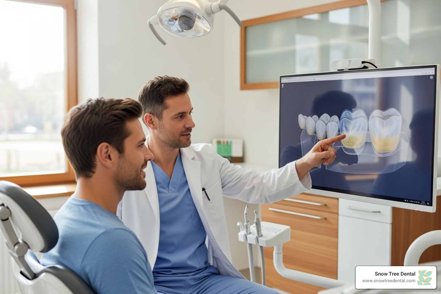 dentist showing patient crown design on computer screen - same day crowns