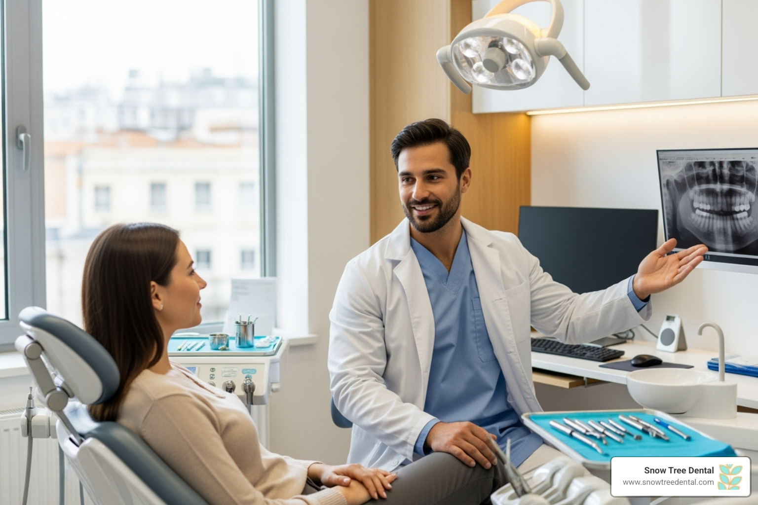 a dentist explaining a procedure to a relaxed patient - anxiety free dentist a dentist explaining a procedure to a relaxed patient - anxiety free dentist