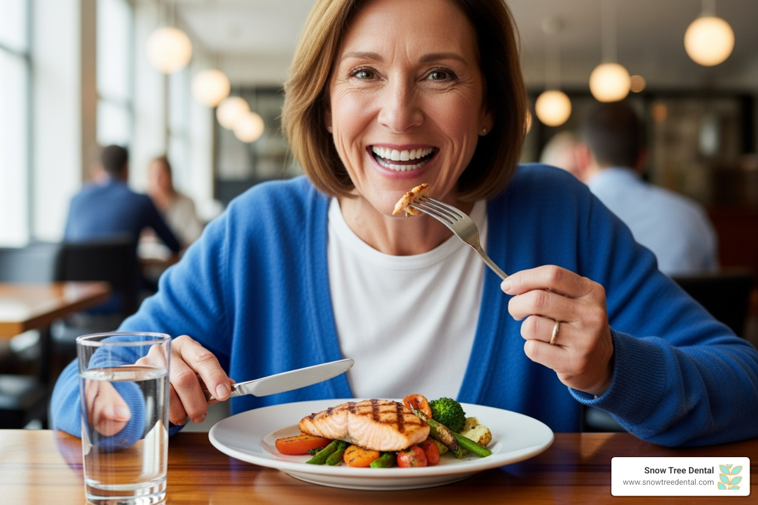 A happy patient enjoying a meal with their new, functional All-on-4 dental implants - all on four implants