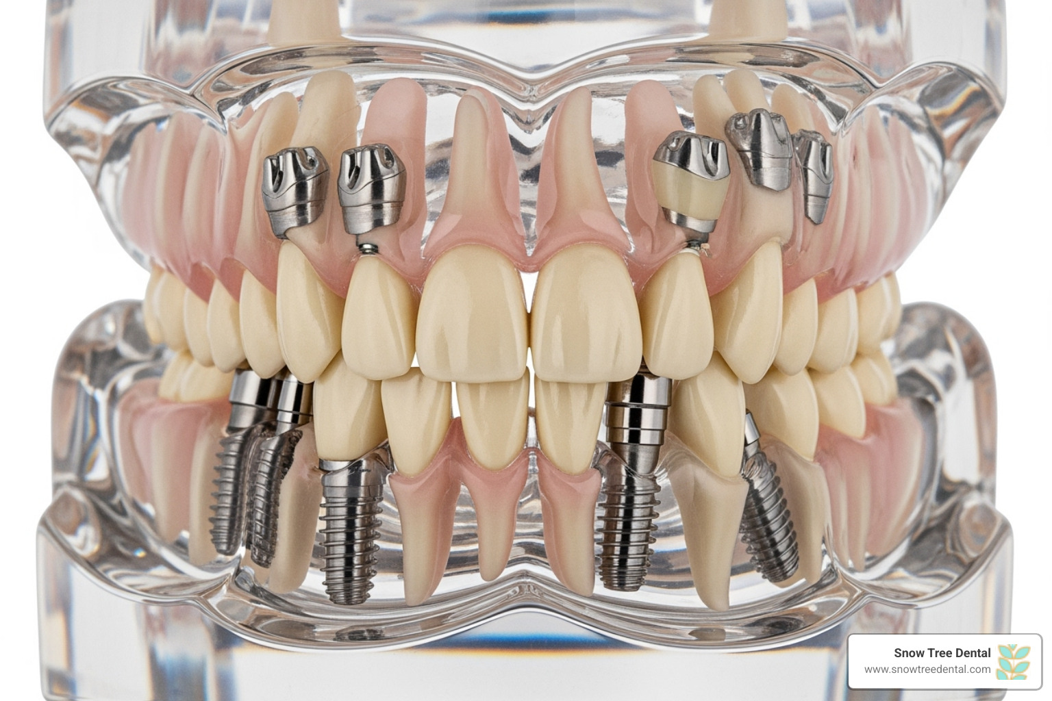 Dental model showing the precise, angled placement of posterior implants in an All-on-4 dental implant system - all on four implants