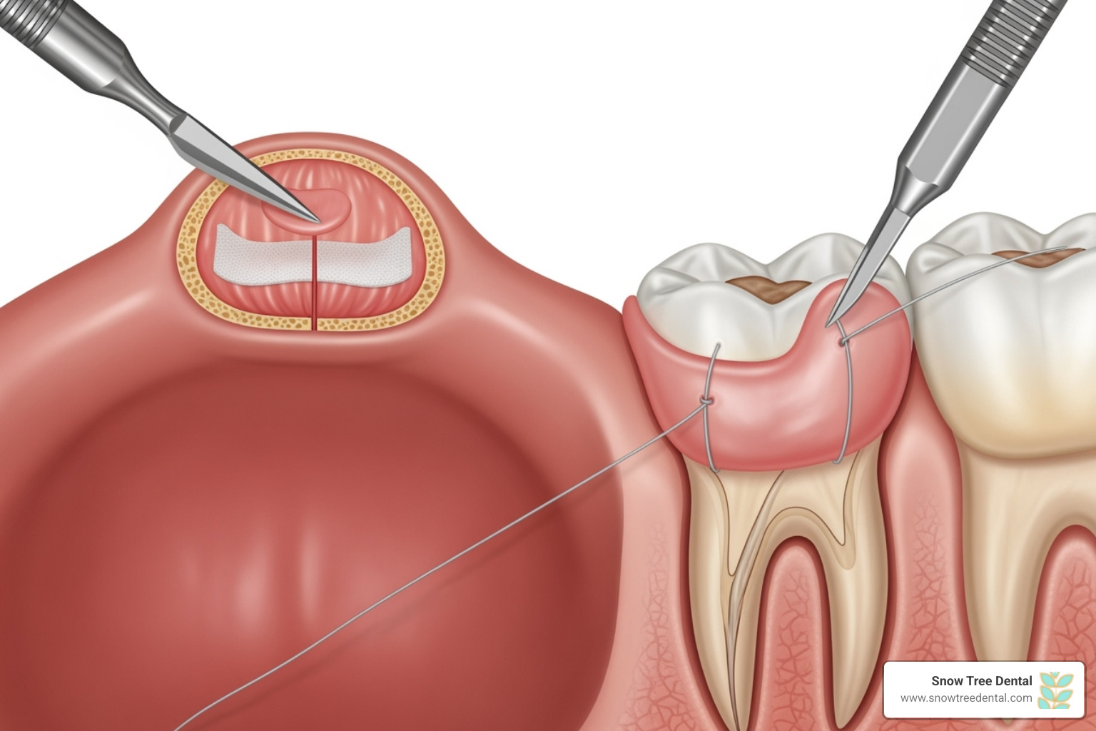 Illustration of a gum graft procedure, showing tissue being taken from the palate and placed onto the receding gum line - gum recession treatment Illustration of a gum graft procedure, showing tissue being taken from the palate and placed onto the receding gum line - gum recession treatment