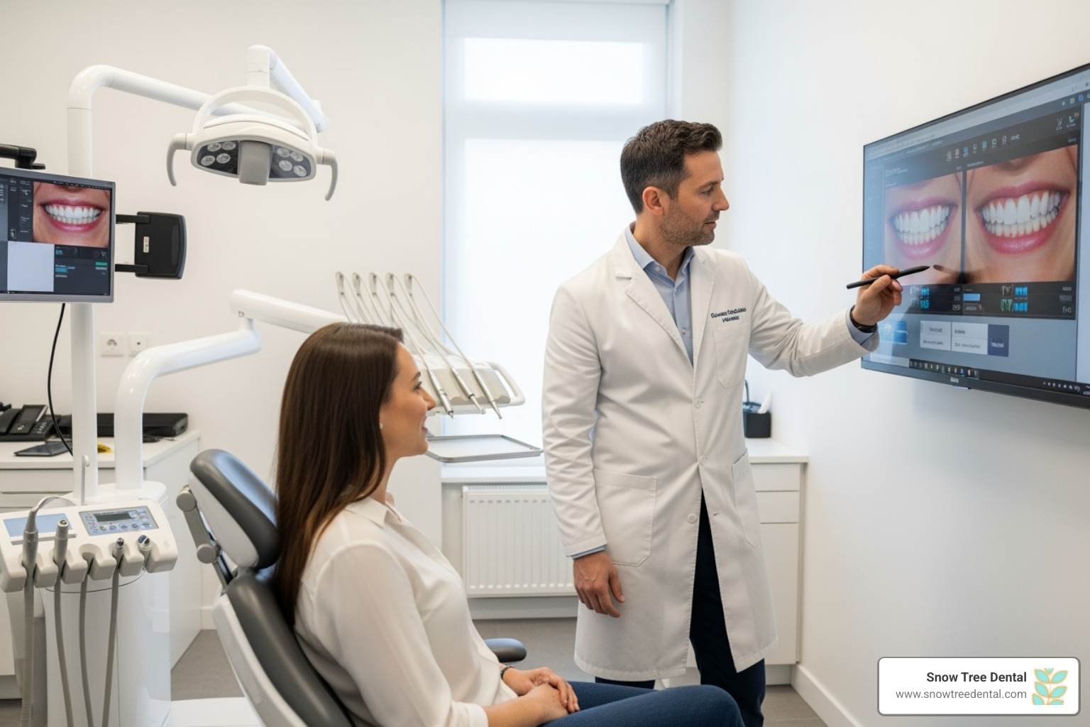 A dentist and patient reviewing a digital smile design on a screen, highlighting modern technology in dentistry - veneers houston A dentist and patient reviewing a digital smile design on a screen, highlighting modern technology in dentistry - veneers houston