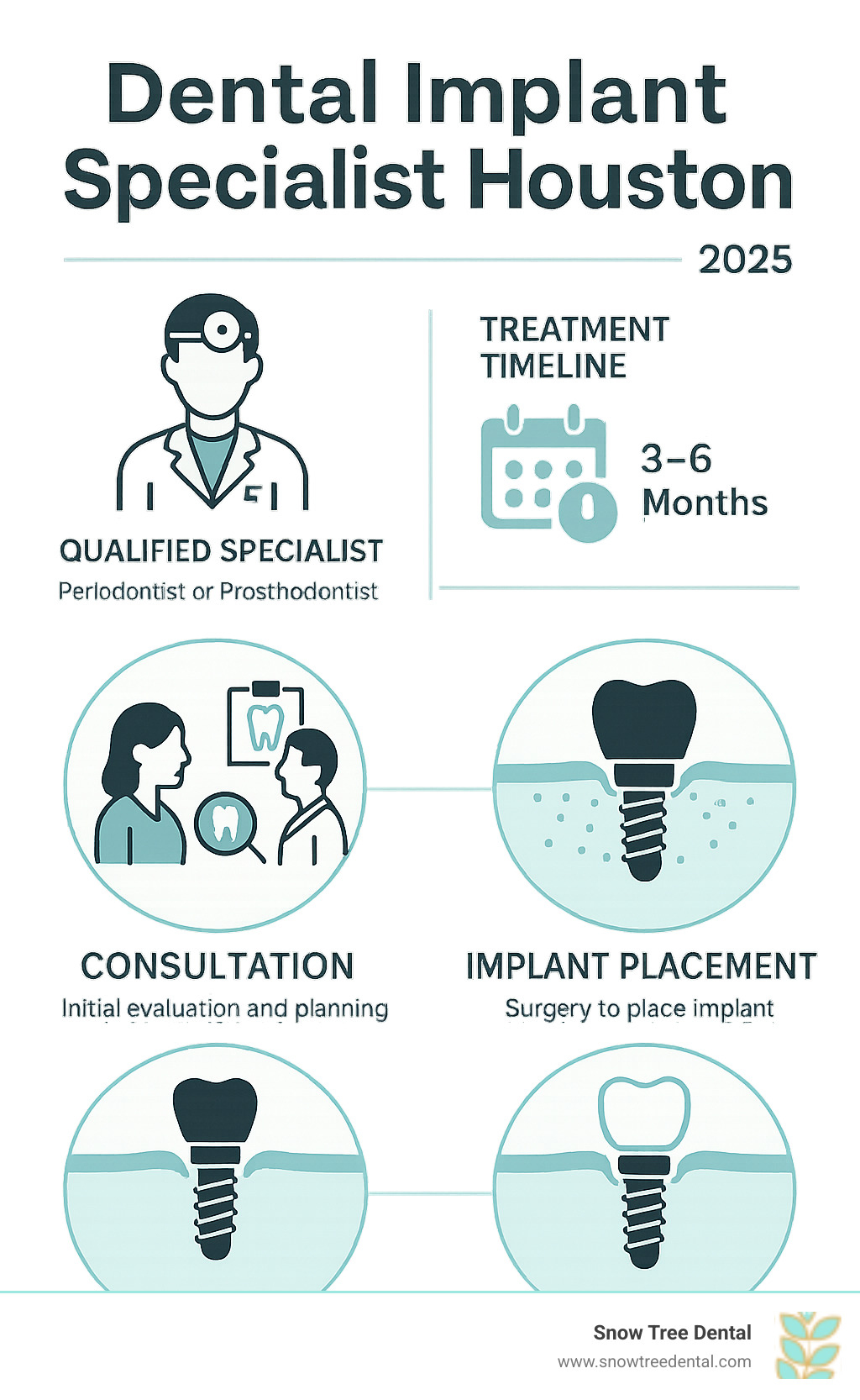 Infographic showing the complete dental implant process from consultation to final restoration, including specialist qualifications, treatment timeline, and patient care steps in Houston - dental implant specialist Houston infographic Infographic showing the complete dental implant process from consultation to final restoration, including specialist qualifications, treatment timeline, and patient care steps in Houston - dental implant specialist Houston infographic