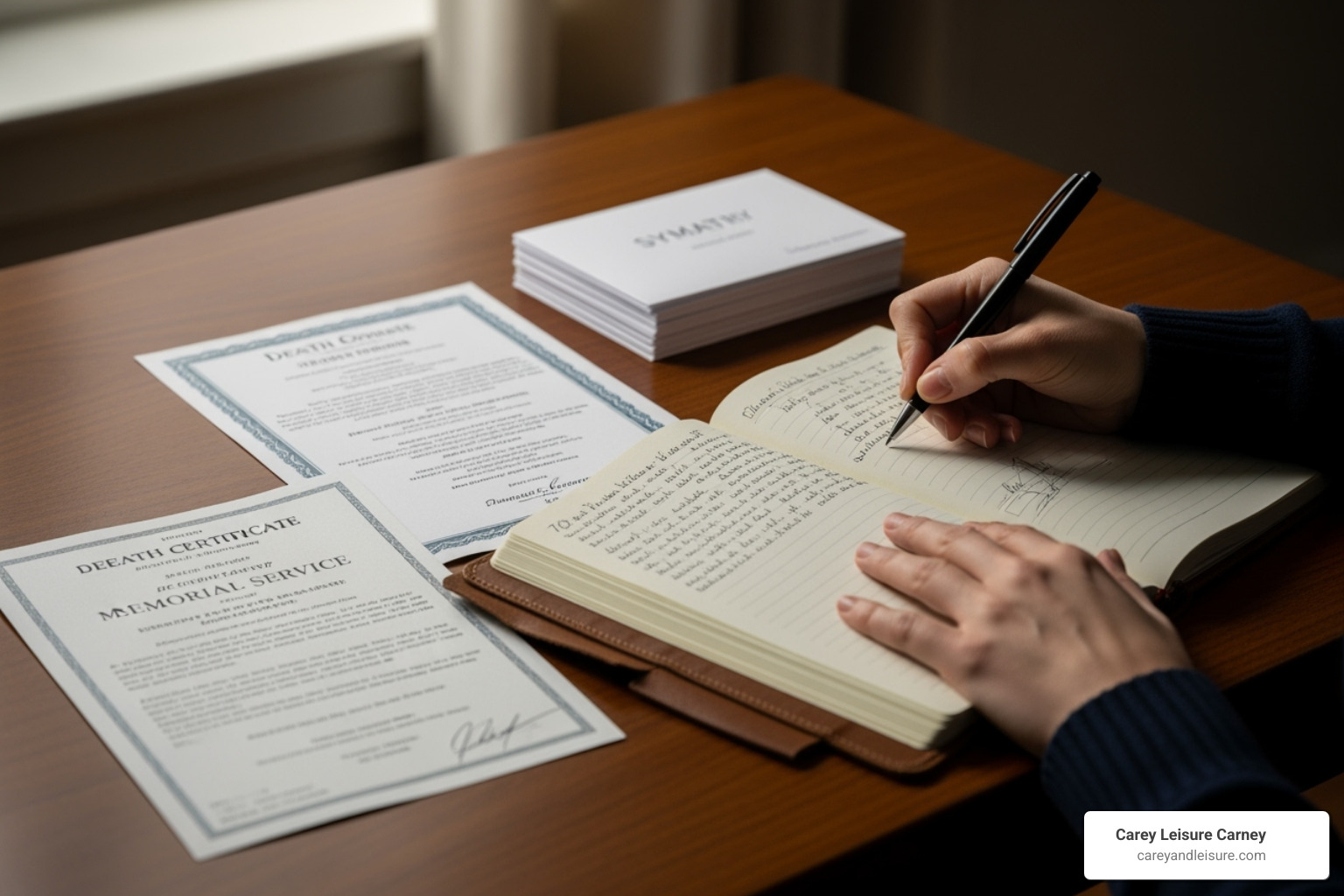 A person writing notes in a journal with funeral-related documents nearby - funeral malpractice lawyer