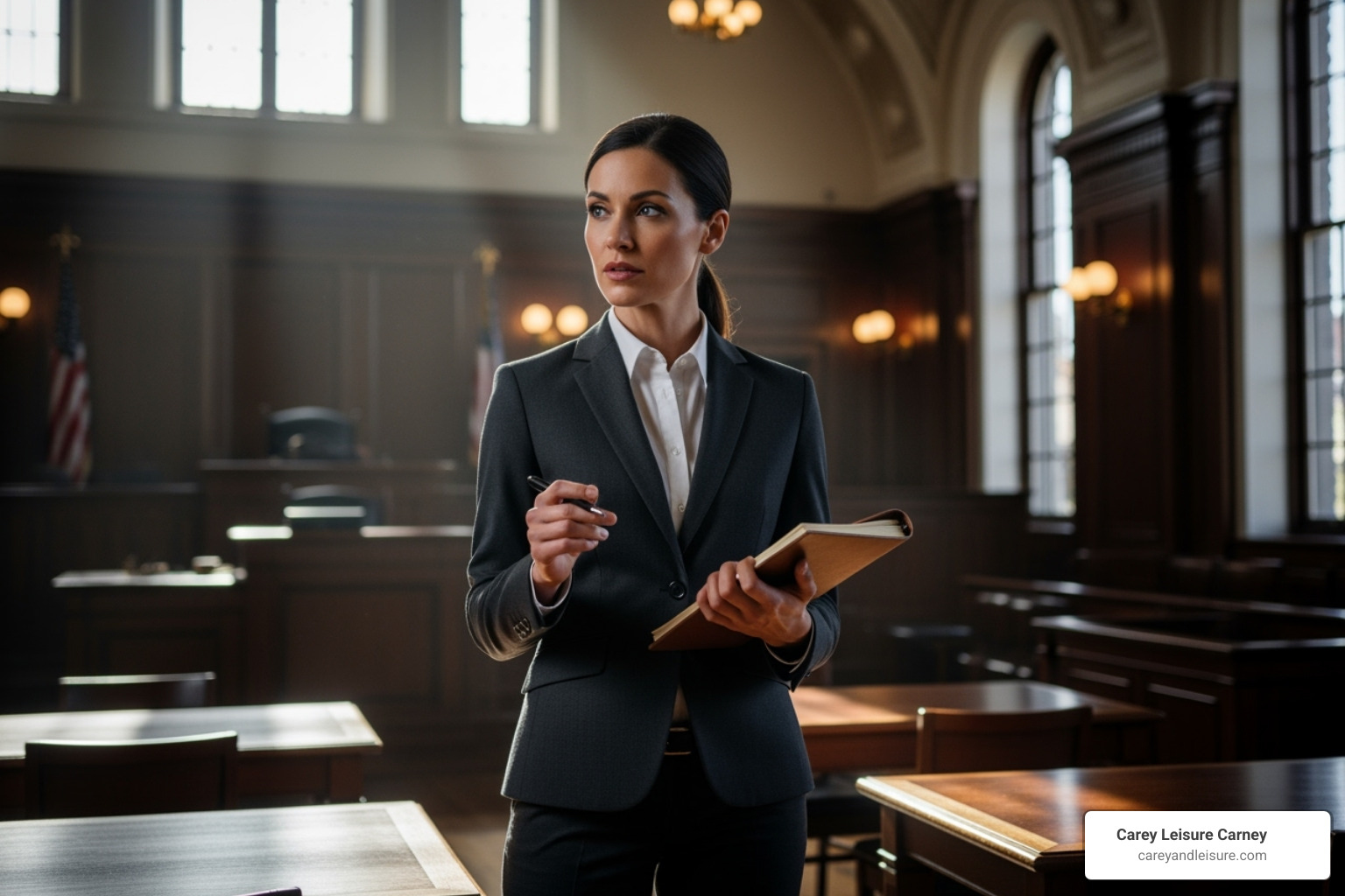 A confident attorney in a courtroom setting, looking determined - funeral malpractice lawyer