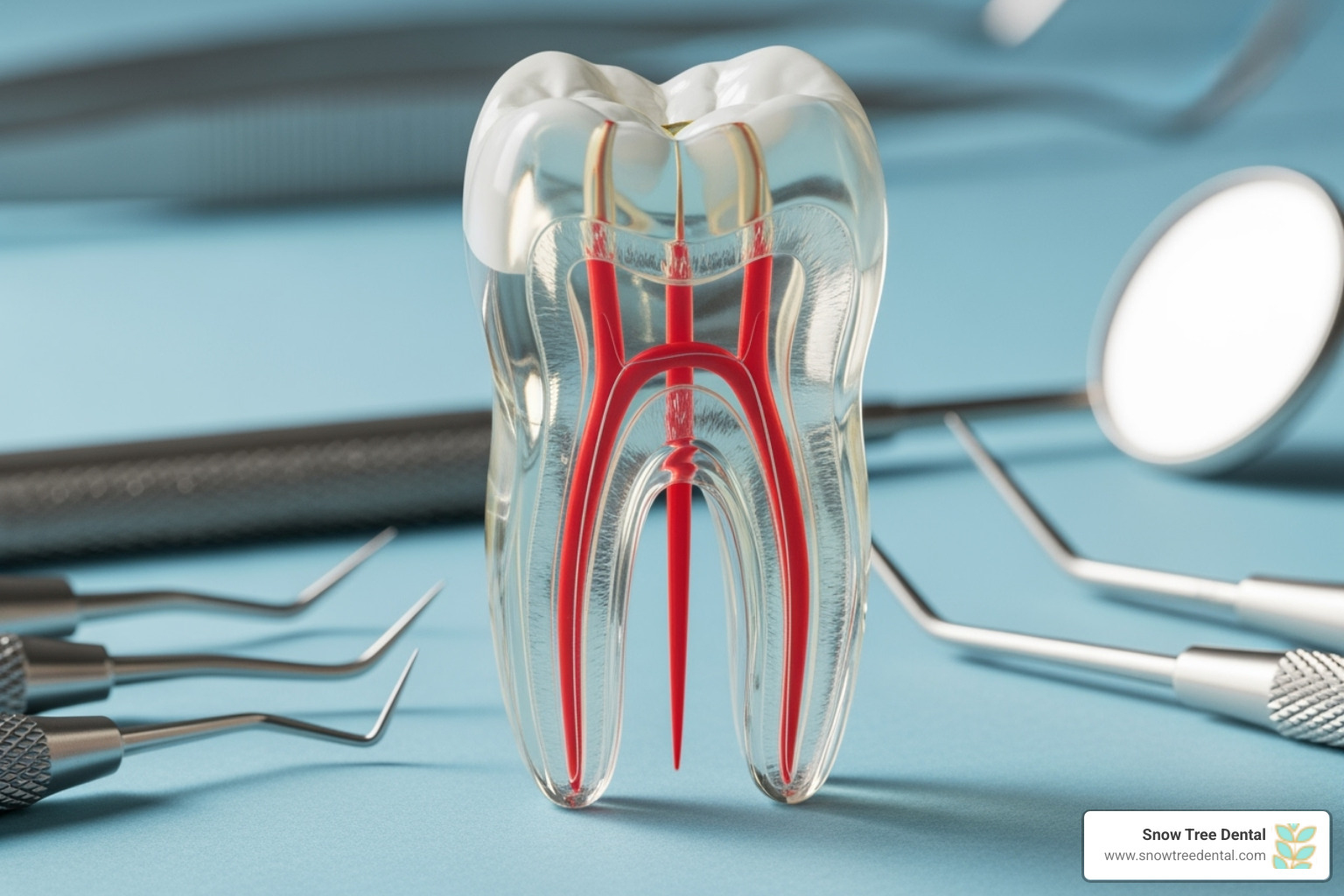 A model tooth showing gutta-percha points being placed into the cleaned root canals - root canal treatment
