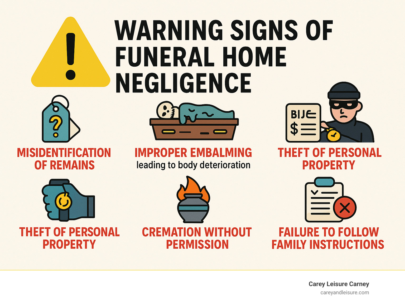 Infographic showing warning signs of funeral home negligence including misidentification of remains, improper embalming leading to body deterioration, billing for services not rendered, theft of personal property, cremation without permission, and failure to follow family instructions - funeral malpractice lawyer infographic 