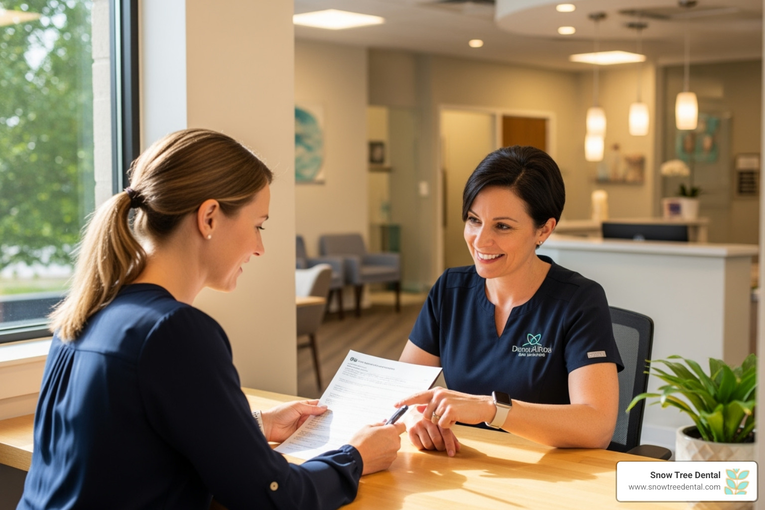 patient discussing paperwork with a friendly dental office coordinator - dental places that do payment plans patient discussing paperwork with a friendly dental office coordinator - dental places that do payment plans