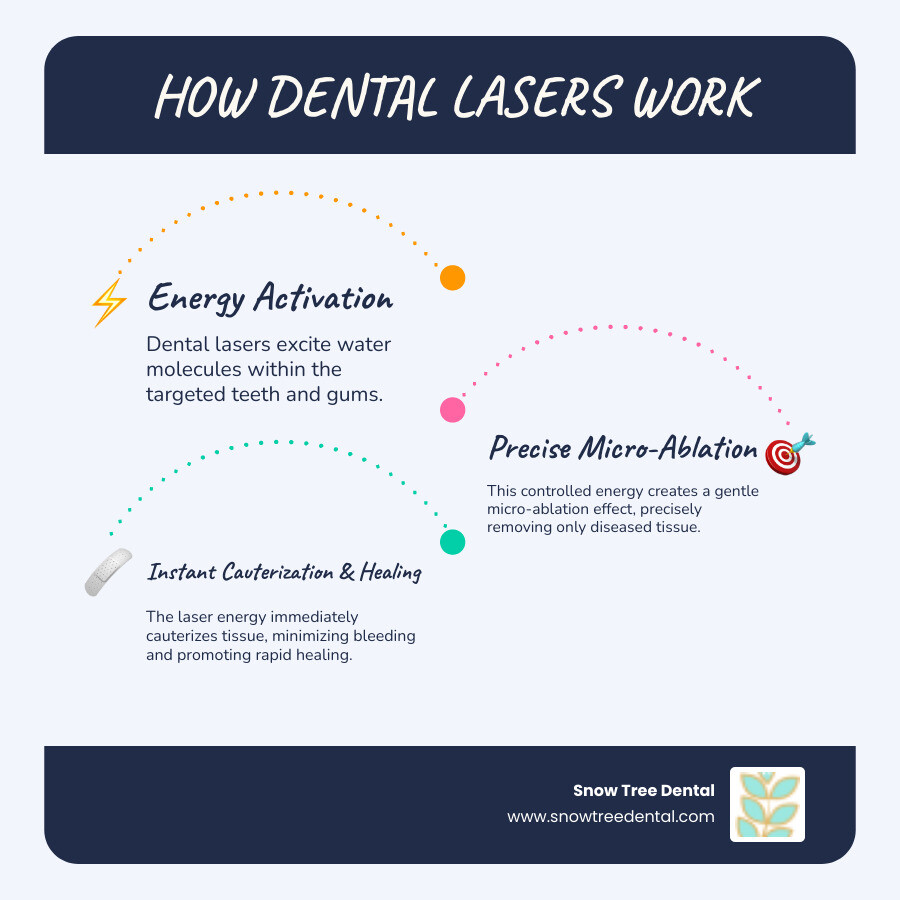 Infographic showing laser dentistry process: laser beam targeting diseased gum tissue, cauterizing blood vessels, sterilizing bacteria, and promoting healthy tissue regeneration in Houston dental practice - laser dentistry Houston infographic infographic-line-3-steps-blues-accent_colors Infographic showing laser dentistry process: laser beam targeting diseased gum tissue, cauterizing blood vessels, sterilizing bacteria, and promoting healthy tissue regeneration in Houston dental practice - laser dentistry Houston infographic infographic-line-3-steps-blues-accent_colors