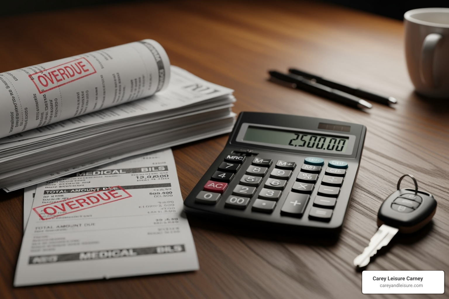 calculator, medical bills, and a car key - Uber accident settlement calculator, medical bills, and a car key - Uber accident settlement