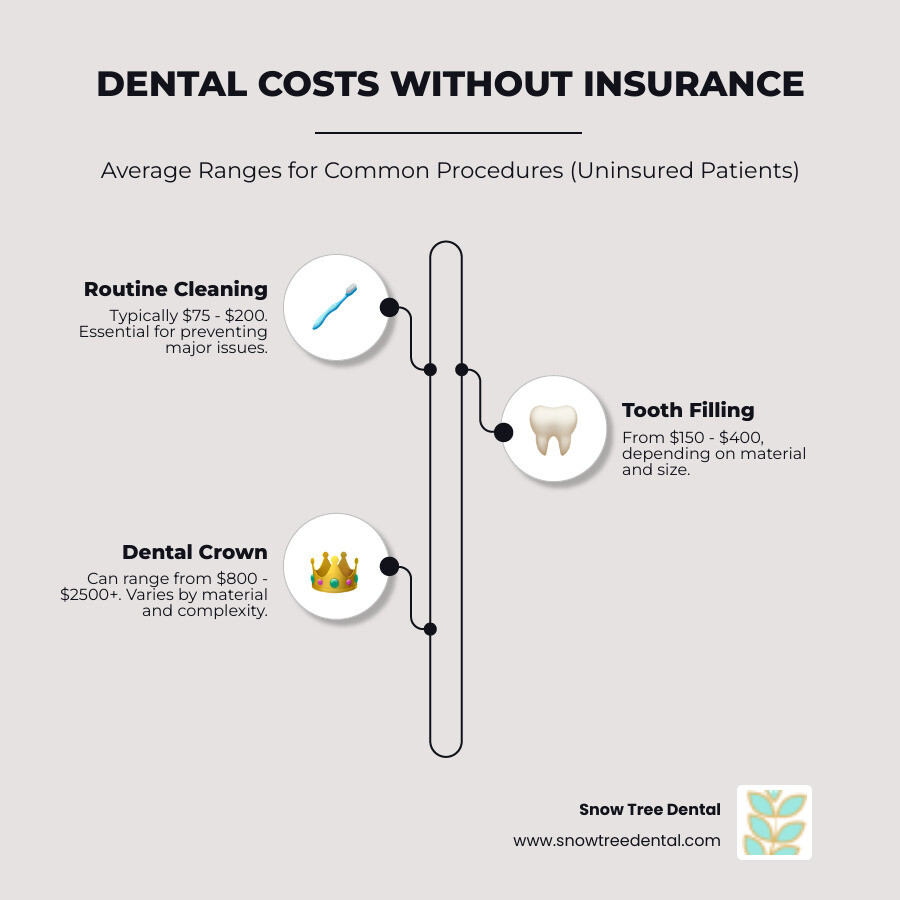 Infographic detailing breakdown of dental costs for common procedures: cleaning, filling, and crown for uninsured patients, showing average low to high ranges for each. - dental care without insurance infographic infographic-line-3-steps-neat_beige Infographic detailing breakdown of dental costs for common procedures: cleaning, filling, and crown for uninsured patients, showing average low to high ranges for each. - dental care without insurance infographic infographic-line-3-steps-neat_beige