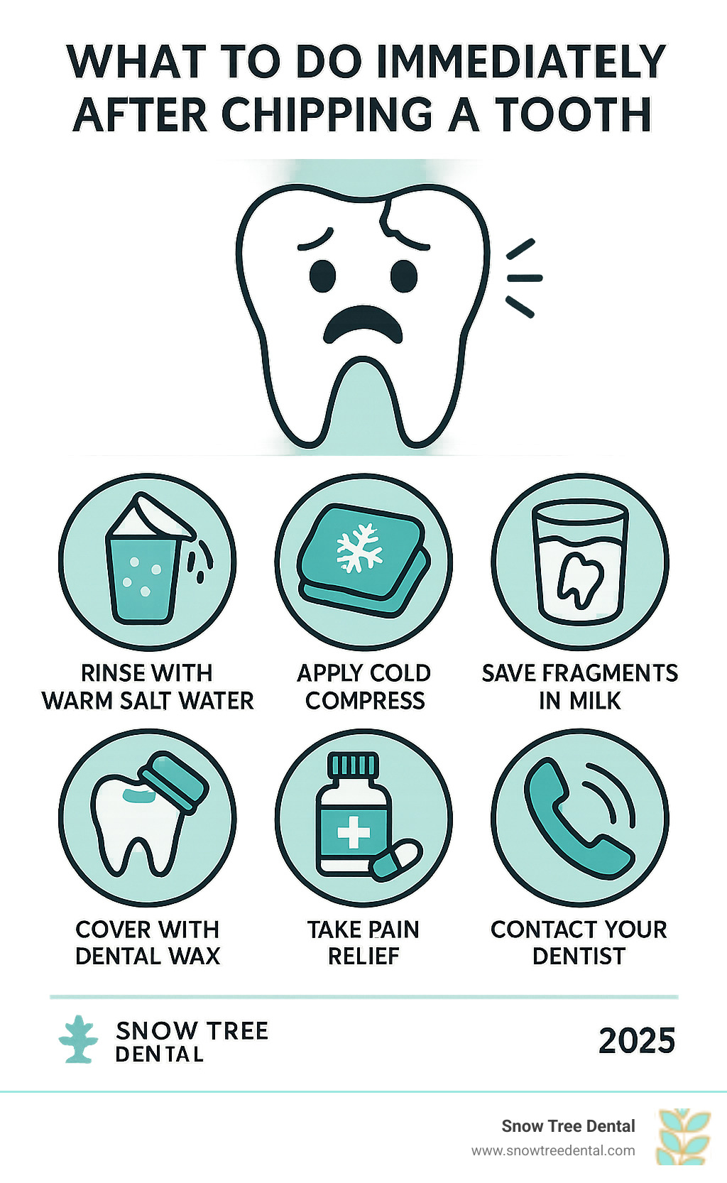Infographic showing immediate steps after chipping a tooth: rinse with warm salt water, apply cold compress to reduce swelling, save any tooth fragments in milk, cover sharp edges with dental wax, take over-the-counter pain relief as needed, and contact your dentist immediately - Chipped tooth repair infographic  Infographic showing immediate steps after chipping a tooth: rinse with warm salt water, apply cold compress to reduce swelling, save any tooth fragments in milk, cover sharp edges with dental wax, take over-the-counter pain relief as needed, and contact your dentist immediately - Chipped tooth repair infographic