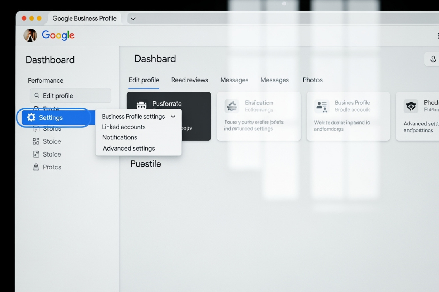 of the Google Business Profile dashboard highlighting the settings menu - adding manager to google my business