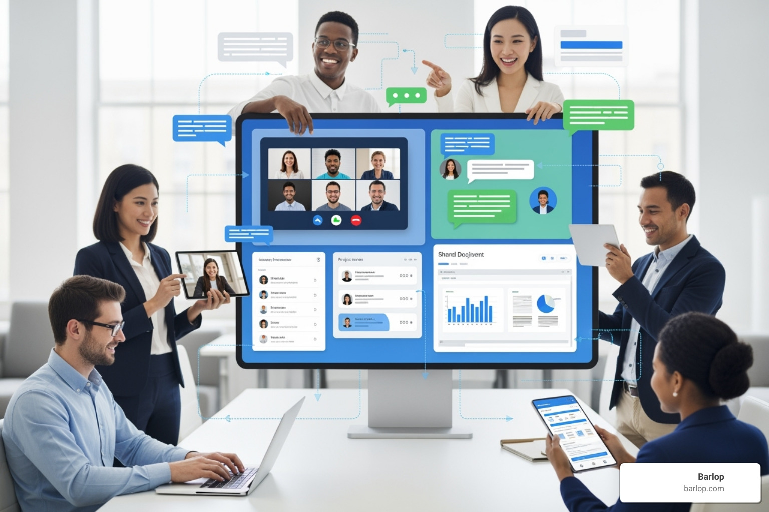 collage of platform interfaces (messaging, video call, project board, announcement feed) - company communication platforms