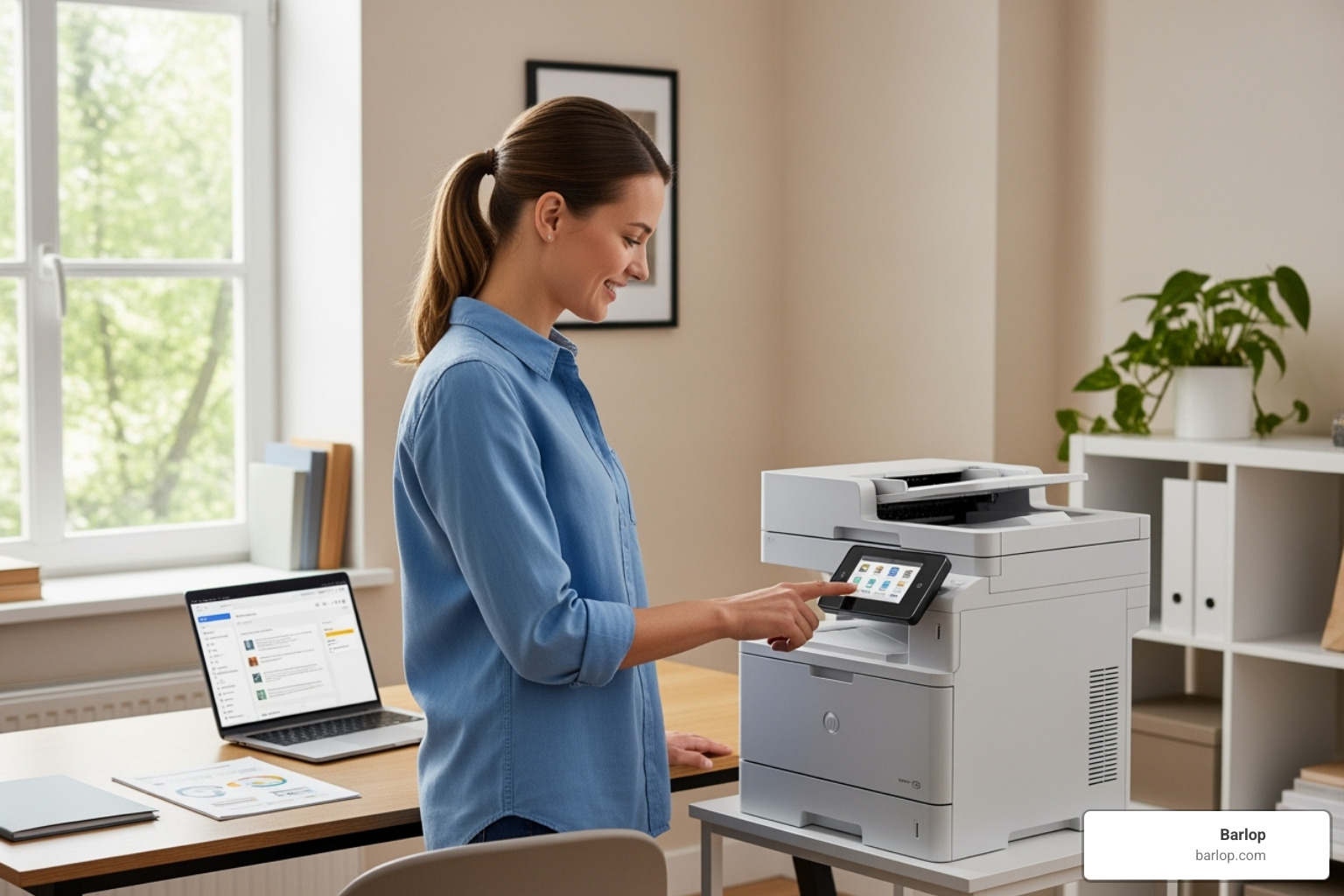 satisfied home office worker using rented printer effortlessly - rent a printer for home office