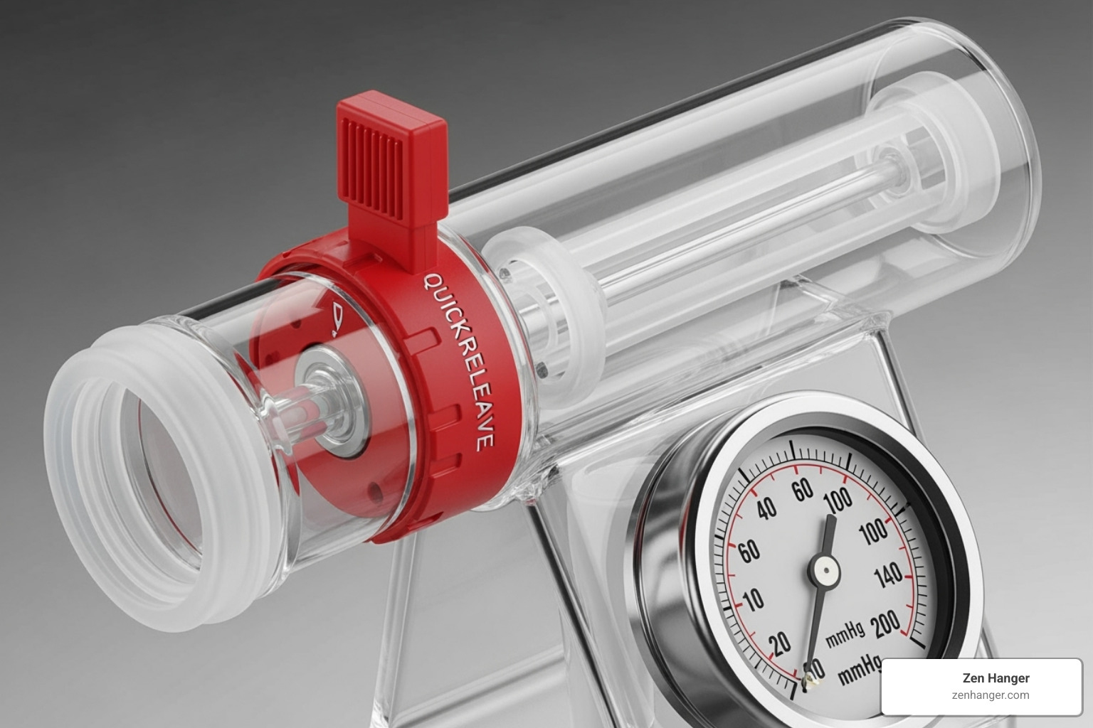 A close-up image highlighting a penis pump's quick-release valve and a clear, easy-to-read pressure gauge - reviews penis pump