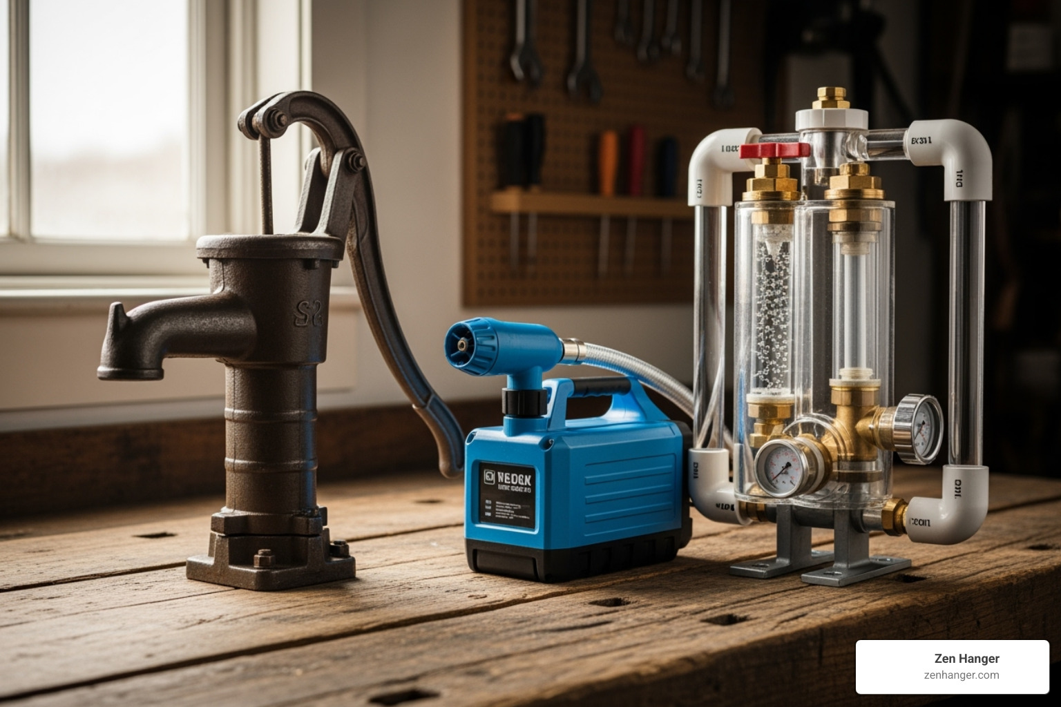 Image showing a manual hand-pump, an electric battery-operated pump, and a water-based hydro pump side-by-side - reviews penis pump