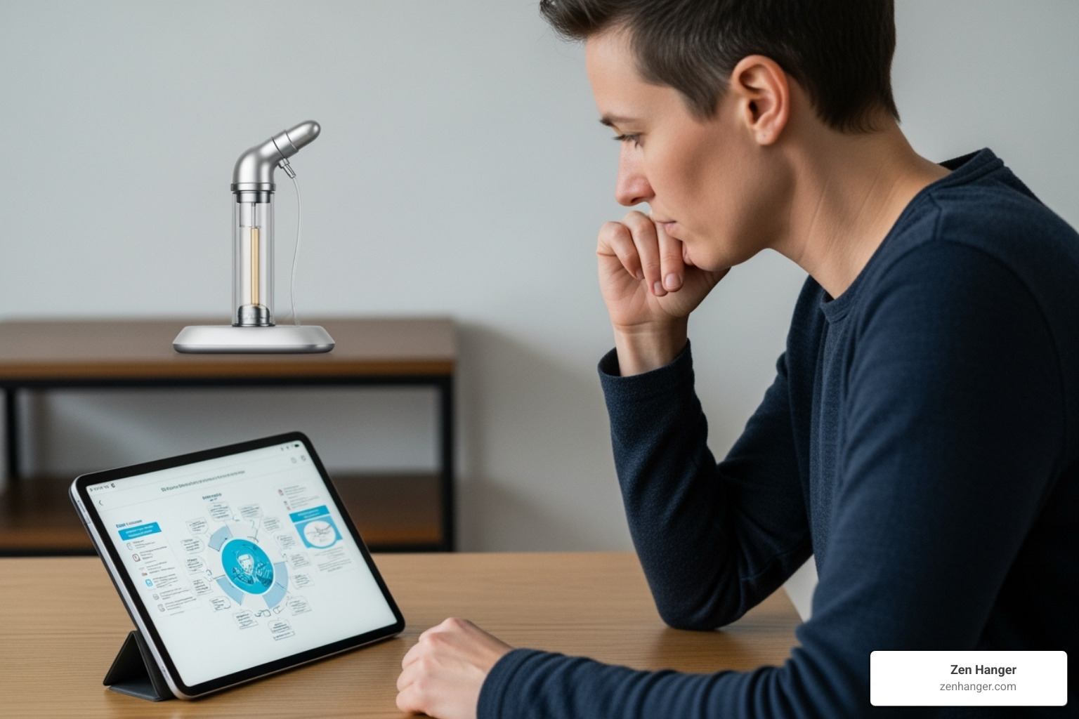 A person thoughtfully reading reviews on a tablet, with a stylized penis pump in the background, symbolizing informed decision-making - reviews penis pump