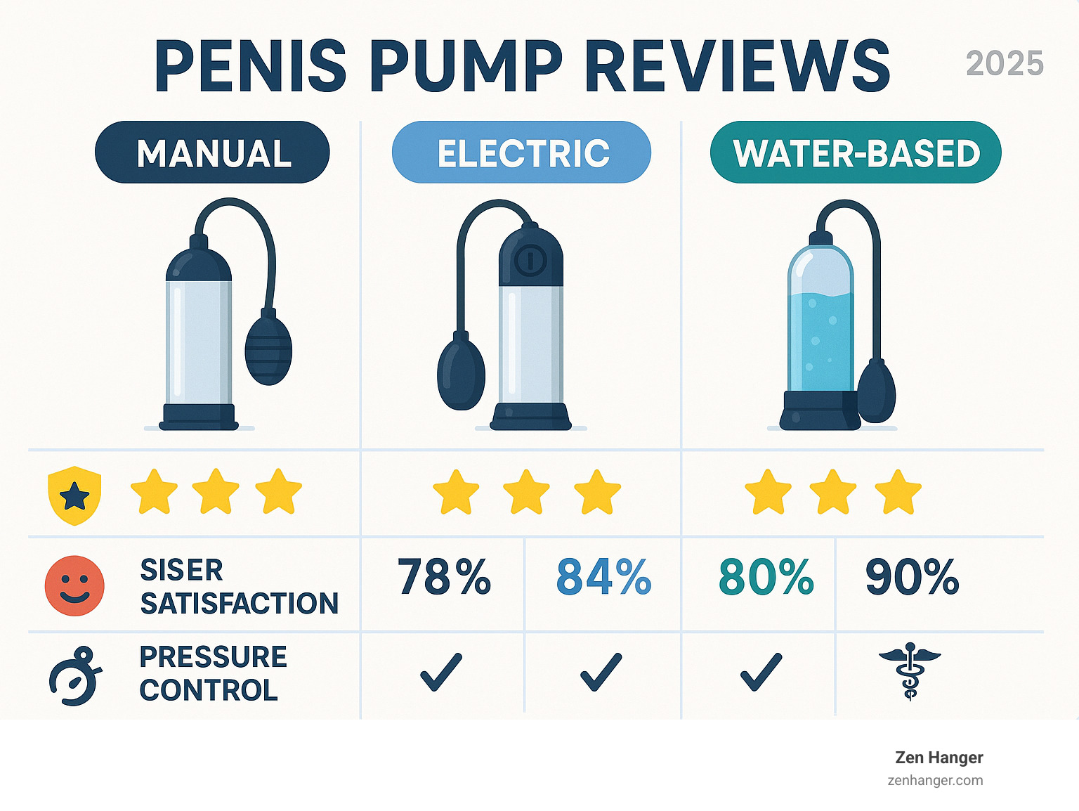Comprehensive comparison chart showing manual vs electric vs water-based penis pumps with safety ratings, user satisfaction scores, and key features like pressure control, ease of use, and medical-grade certification - reviews penis pump infographic 