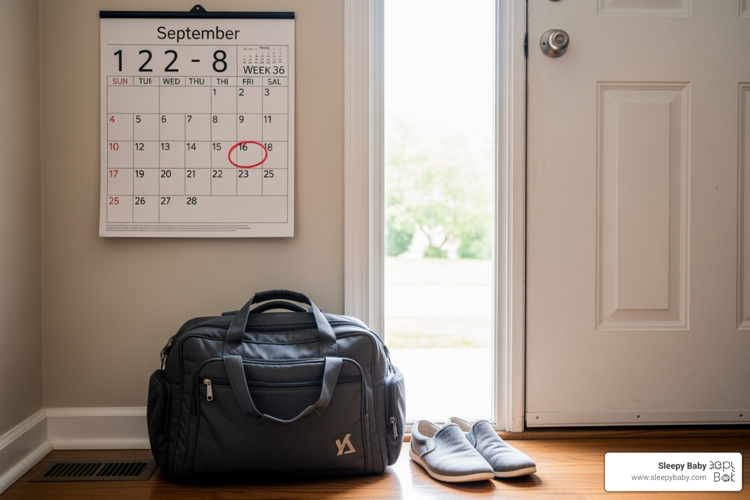 calendar with week 36 circled and a packed bag sitting by the front door - newborn essentials hospital bag
