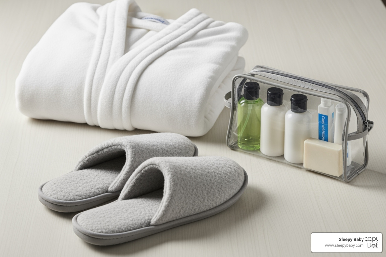 comfort items for mom, such as a plush robe, cozy slippers, and a travel-sized toiletry bag - newborn essentials hospital bag