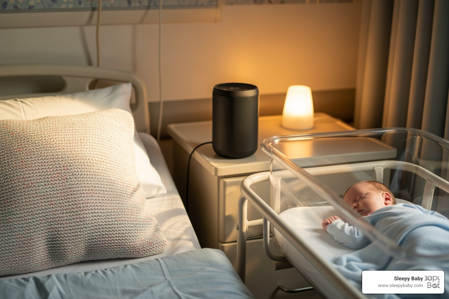 cozy hospital room corner featuring a personal pillow, a portable speaker, and a baby in a bassinet - newborn essentials hospital bag