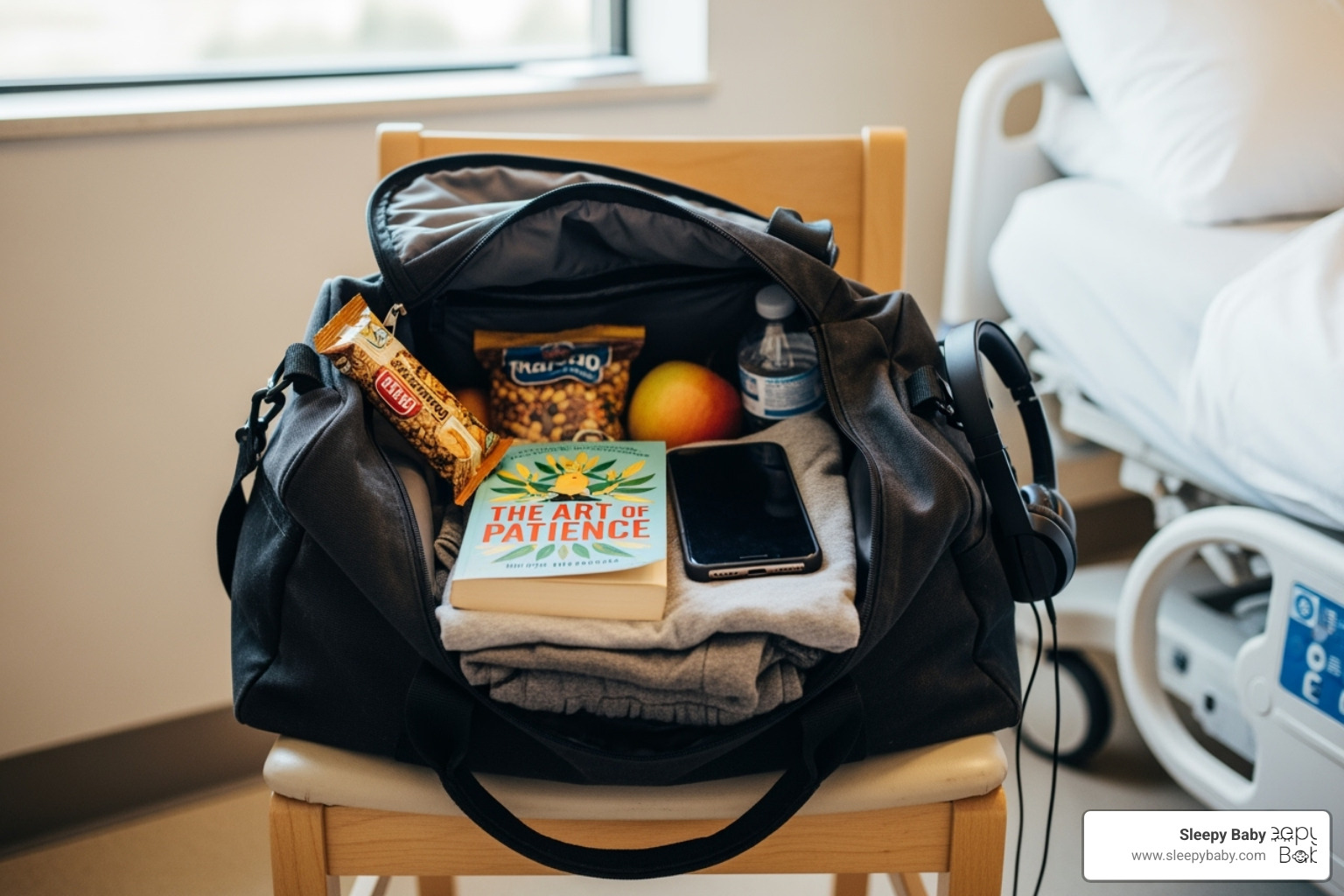 partner's duffel bag with snacks, a book, a phone, and a change of clothes - newborn essentials hospital bag